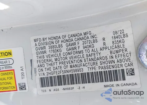 2022 Honda Civic Sport из США, поврежденный, VIN 2HGFE2F5XNH598953